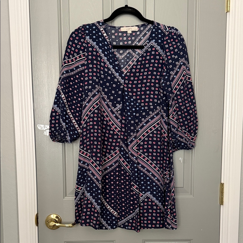 LOFT Navy Patterned Mini Dress with Pink & White Accents